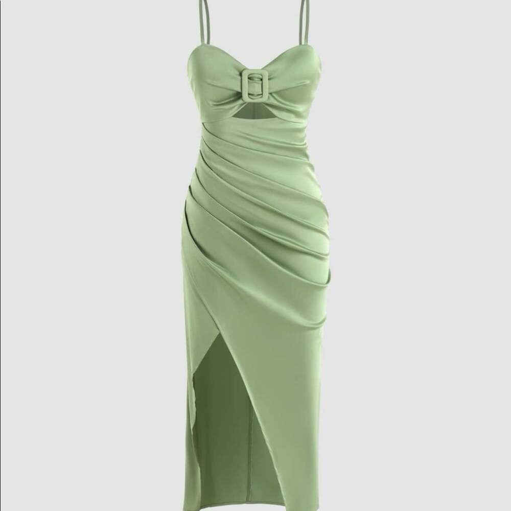 Cider Green Satin Midi Dress Cut Out Belted Slip Dress Size XL Faux Wrap NWT